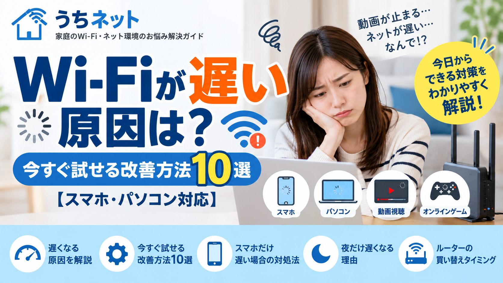 Wi-Fiが遅い原因と改善方法を解説するイメージ