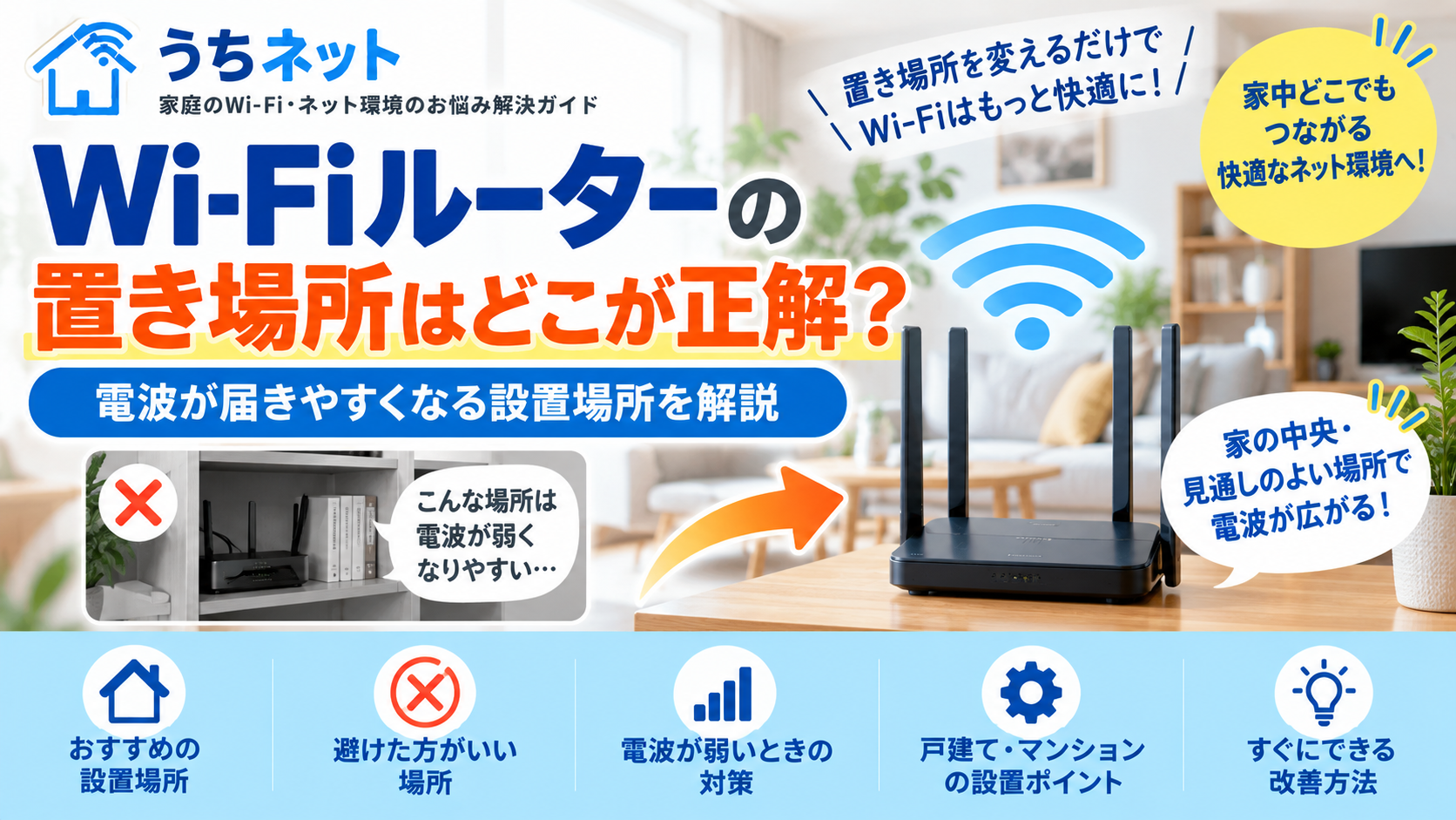 Wi-Fiルーターの置き場所を解説｜電波が届きやすくなる最適な設置場所と改善方法