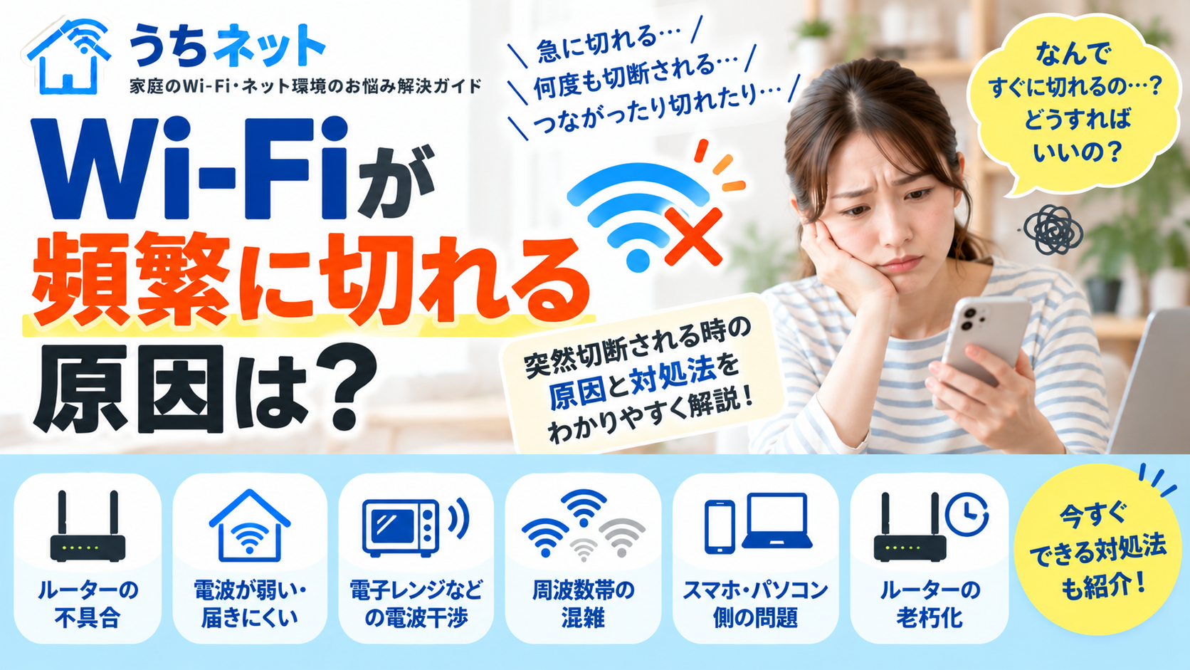 Wi-Fiが頻繁に切れる原因と対処法を解説するイメージ。ルーターの不具合、電波の弱さ、電波干渉、周波数帯の混雑などを紹介。